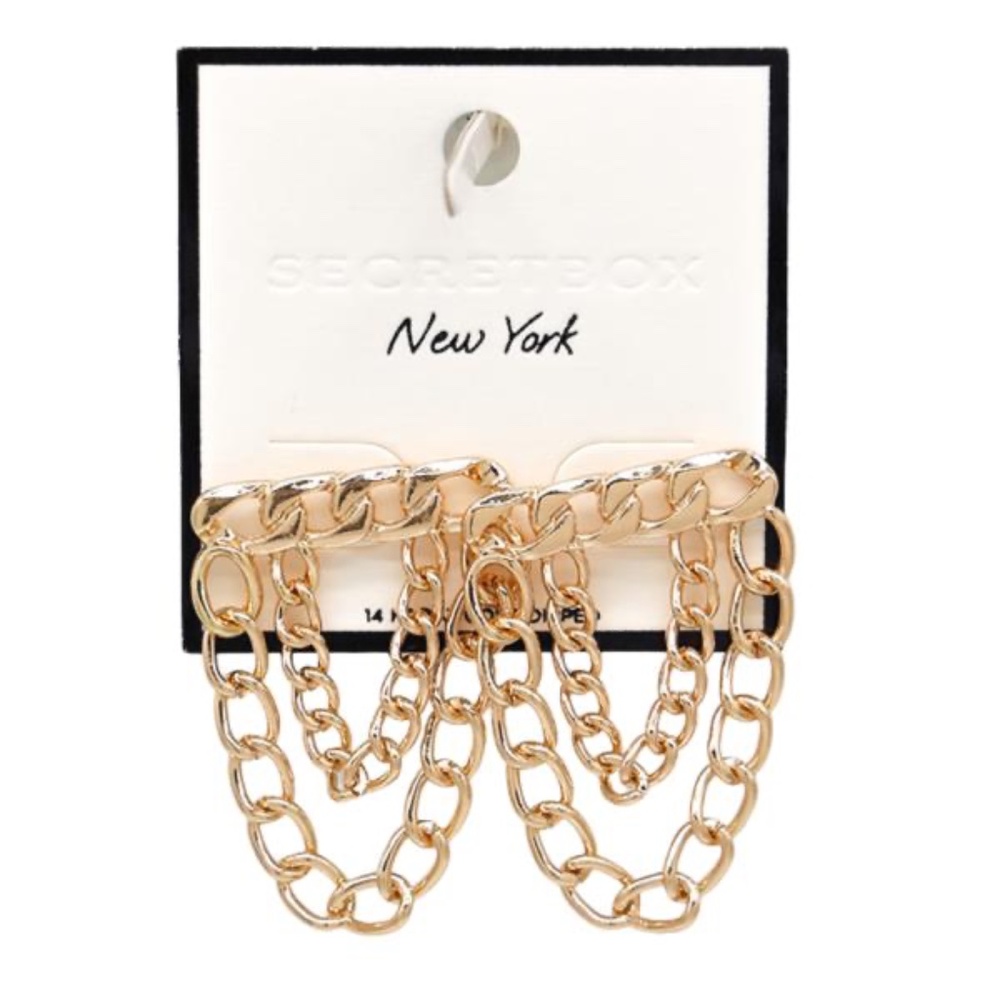 SECRET BOX NEW YORK 14K GOLD DIPPED CHAIN DANGLE METAL EARRING (Q)